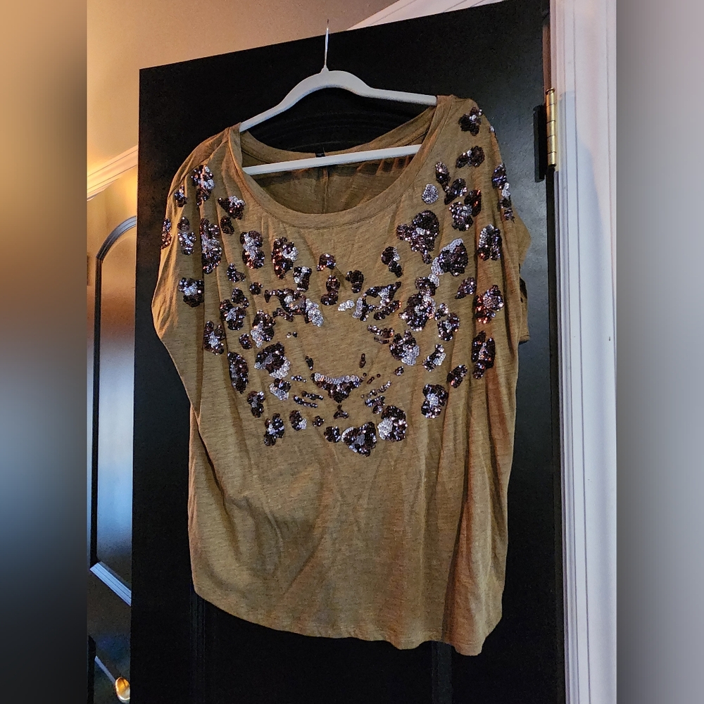 Express Olive Green shirt with Leopard Face sequin detail